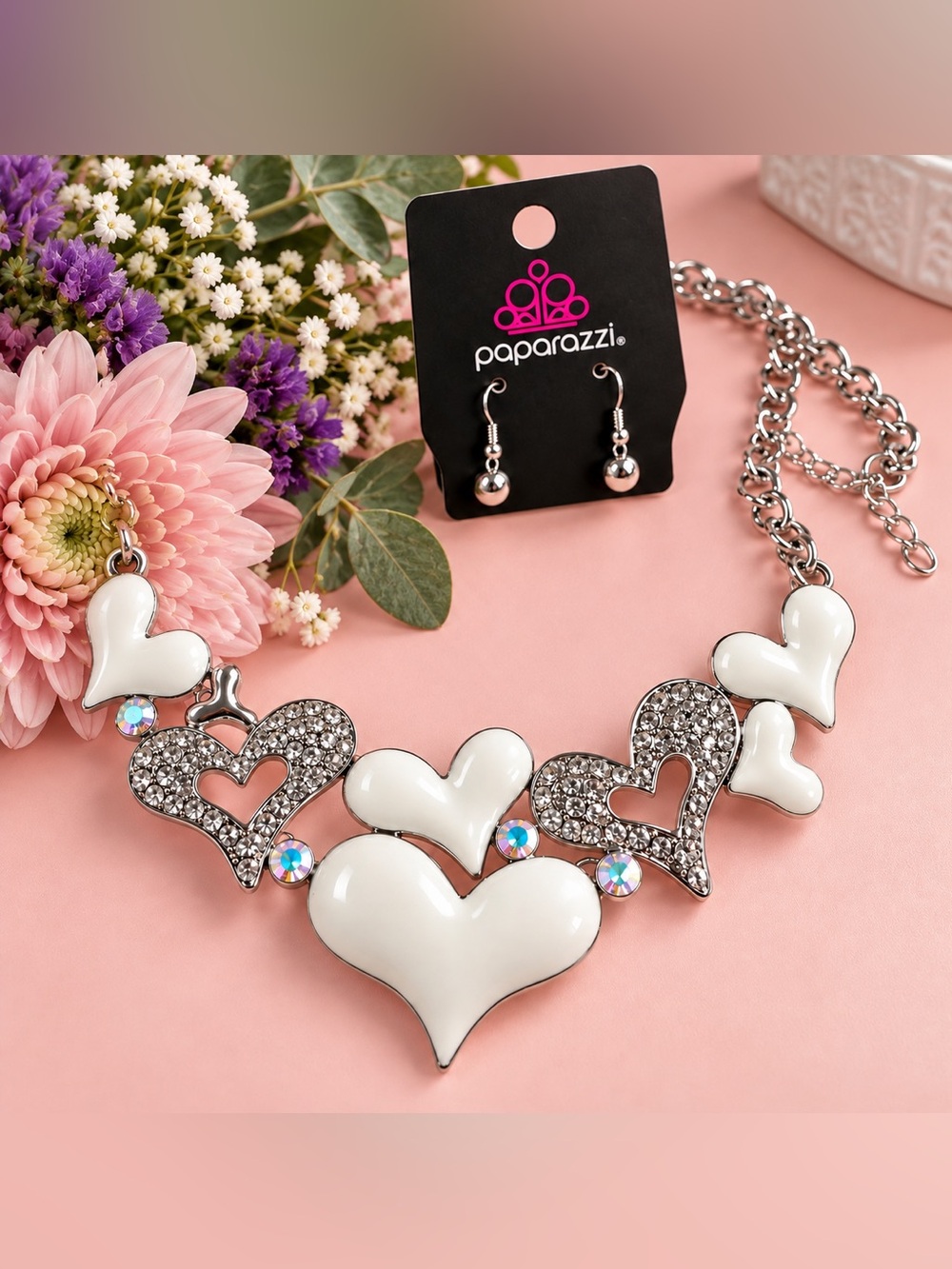 paparazzi White Heart Crystal Statement Necklace and Earrings